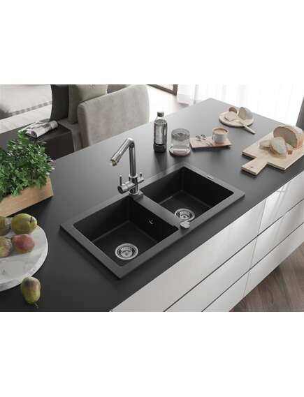 Mexen Mario zlewozmywak granitowy 2-komorowy z baterią kuchenną Duero, czarny - 6504-77-671600-00, 2 image
