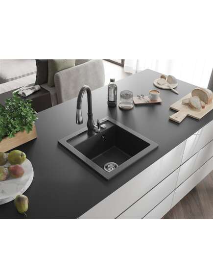 Mexen Vito zlewozmywak granitowy 1-komorowy z baterią kuchenną Savita, czarny nakrapiany - 6503-76-672601-76, изображение 2