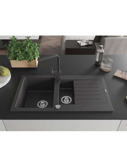 Mexen Matias zlewozmywak granitowy 1,5-komorowy z ociekaczem i baterią kuchenną Rita, czarny nakrapiany  - 6502-76-670300-76, 3 image