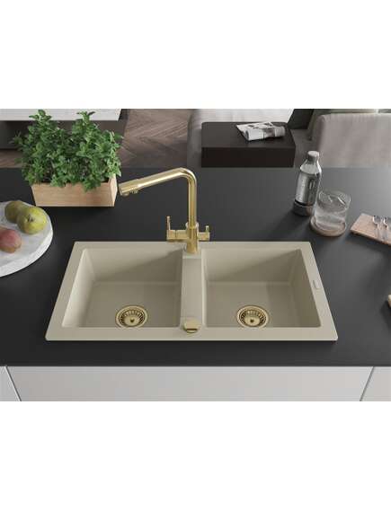 Mexen Mario zlewozmywak granitowy 2-komorowy z baterią kuchenną Duero, beżowy - 6504-69-671600-50, изображение 3