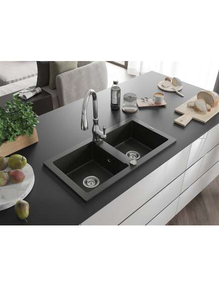 Mexen Mario zlewozmywak granitowy 2-komorowy z baterią kuchenną Savita, czarny/złoty metalik - 6504-75-672601-00, 2 image