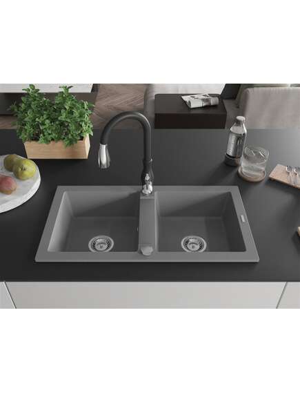 Mexen Mario zlewozmywak granitowy 2-komorowy z baterią kuchenną Savita, szary - 6504-71-672601-70, изображение 3