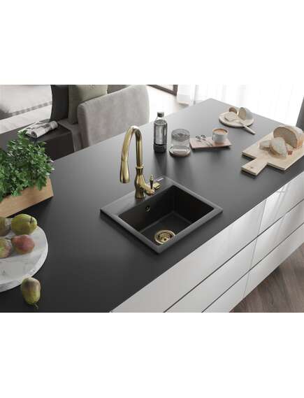 Mexen Milo zlewozmywak granitowy 1-komorowy z baterią kuchenną Savita, czarny/srebrny metalik- 6505-73-672601-50, 2 image