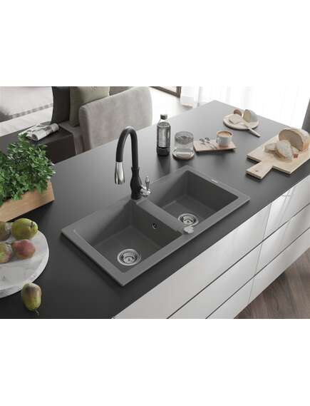 Mexen Mario zlewozmywak granitowy 2-komorowy z baterią kuchenną Savita, szary - 6504-71-672601-70, изображение 2