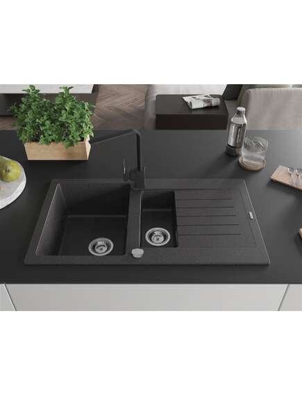 Mexen Matias zlewozmywak granitowy 1,5-komorowy z ociekaczem i baterią kuchenną Rita, czarny nakrapiany  - 6502-76-670300-70, изображение 3