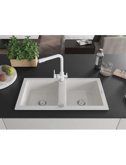 Mexen Mario zlewozmywak granitowy 2-komorowy z baterią kuchenną Duero, biały - 6504-20-671600-20, изображение 3