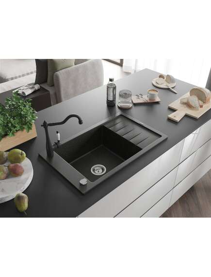 Mexen Elias zlewozmywak granitowy 1-komorowy z ociekaczem i baterią kuchenną Carla, czarny/złoty metalik - 6511-75-670700-70, 2 image