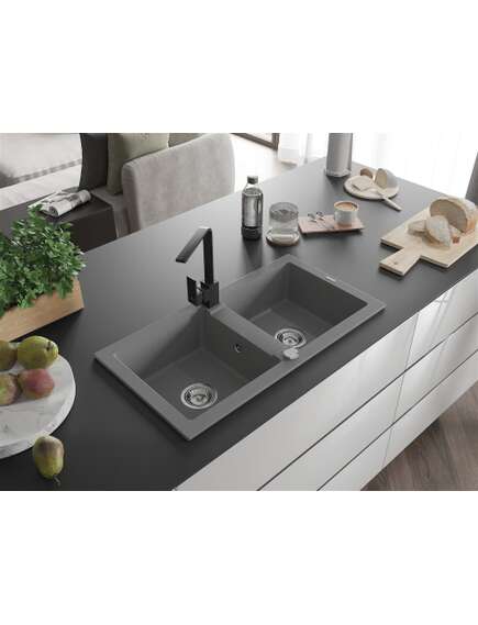 Mexen Mario zlewozmywak granitowy 2-komorowy z baterią kuchenną Rita, szary - 6504-71-670300-70, изображение 2