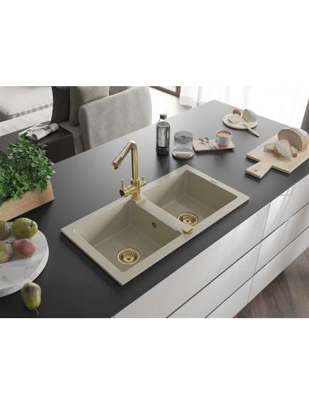 Mexen Mario zlewozmywak granitowy 2-komorowy z baterią kuchenną Duero, beżowy - 6504-69-671600-50, изображение 2