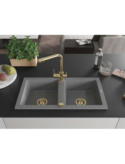 Mexen Mario zlewozmywak granitowy 2-komorowy z baterią kuchenną Duero, szary - 6504-71-671600-50, 3 image