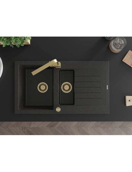 Mexen Matias zlewozmywak granitowy 1,5-komorowy z ociekaczem i baterią kuchenną Rita, czarny/złoty  - 6502-75-670300-50, изображение 4