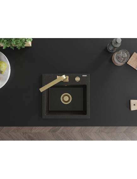 Mexen Milo zlewozmywak granitowy 1-komorowy z baterią kuchenną Rita, czarny/złoty metalik - 6505-75-670300-50, изображение 4