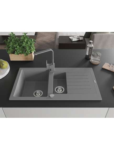 Mexen Matias zlewozmywak granitowy 1,5-komorowy z ociekaczem i baterią kuchenną Rita, szary - 6502-71-670300-71, 3 image