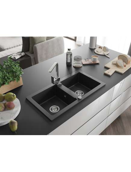 Mexen Mario zlewozmywak granitowy 2-komorowy z baterią kuchenną Rita, czarny/srebrny metalik - 6504-73-670300-00, изображение 2
