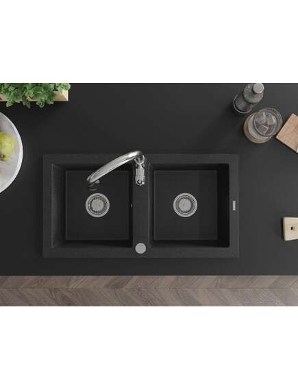 Mexen Mario zlewozmywak granitowy 2-komorowy z baterią kuchenną Savita, czarny/srebrny metalik - 6504-73-672601-00, 4 image