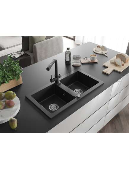 Mexen Mario zlewozmywak granitowy 2-komorowy z baterią kuchenną Duero, czarny - 6504-77-671600-70, изображение 2