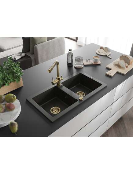 Mexen Mario zlewozmywak granitowy 2-komorowy z baterią kuchenną Duero, czarny/złoty metalik - 6504-75-671600-50, 2 image