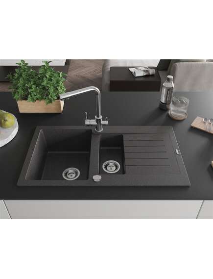 Mexen Matias zlewozmywak granitowy 1,5-komorowy z ociekaczem i baterią kuchenną Duero, czarny nakrapiany - 6502-76-671600-00, изображение 3