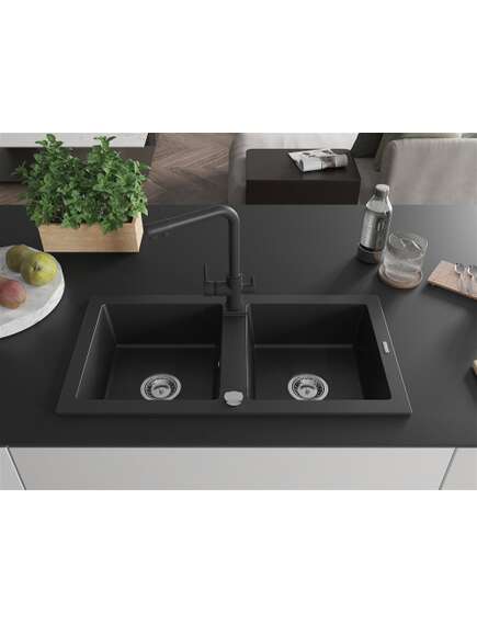 Mexen Mario zlewozmywak granitowy 2-komorowy z baterią kuchenną Duero, czarny - 6504-77-671600-70, изображение 3
