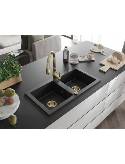 Mexen Mario zlewozmywak granitowy 2-komorowy z baterią kuchenną Savita, czarny - 6504-77-672601-50, изображение 2