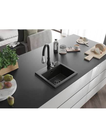 Mexen Milo zlewozmywak granitowy 1-komorowy z baterią kuchenną Savita, czarny/złoty metalik- 6505-75-672601-70-B, 2 image