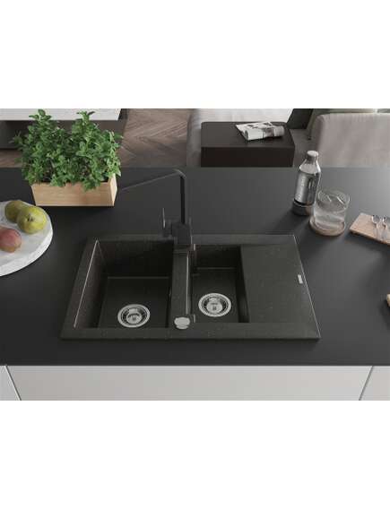 Mexen Gaspar zlewozmywak granitowy 1,5-komorowy z ociekaczem i baterią kuchenną Rita, czarny/złoty  - 6507-75-670300-70, 3 image