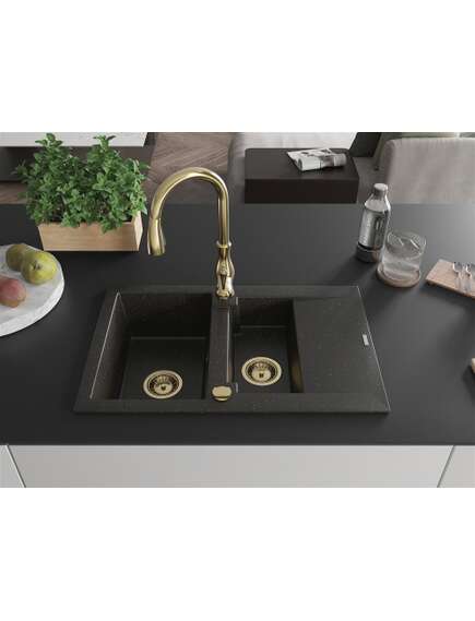 Mexen Gaspar zlewozmywak granitowy 1,5-komorowy z ociekaczem i baterią kuchenną Savita, czarny/złoty - 6507-75-672601-50, 3 image