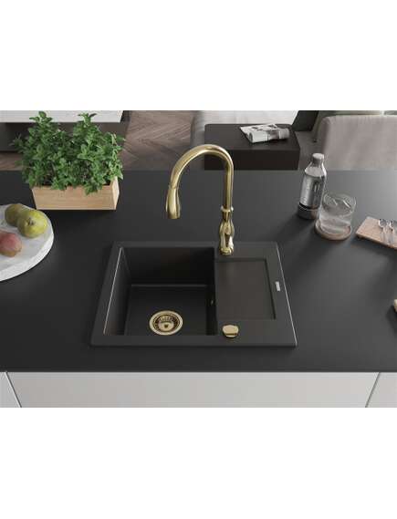 Mexen Enzo zlewozmywak granitowy 1-komorowy z ociekaczem i baterią kuchenną Savita, czarny - 6506-77-672601-50, 3 image