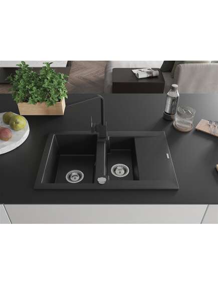 Mexen Gaspar zlewozmywak granitowy 1,5-komorowy z ociekaczem i baterią kuchenną Rita, czarny - 6507-77-670300-70, 3 image