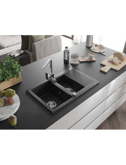 Mexen Gaspar zlewozmywak granitowy 1,5-komorowy z ociekaczem i baterią kuchenną Rita, czarny/srebrny metalik - 6507-73-670300-00, 2 image