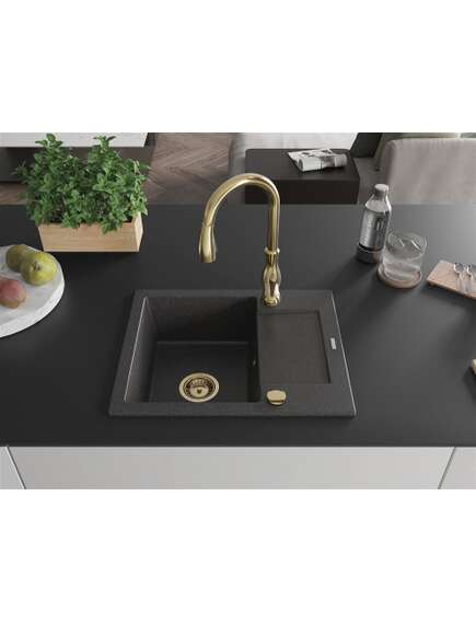 Mexen Enzo zlewozmywak granitowy 1-komorowy z ociekaczem i baterią kuchenną Savita, czarny nakrapiany - 6506-76-672601-50, 3 image