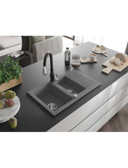 Mexen Gaspar zlewozmywak granitowy 1,5-komorowy z ociekaczem i baterią kuchenną Savita, szary - 6507-71-672601-70, изображение 2