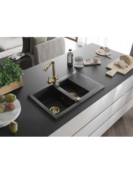 Mexen Gaspar zlewozmywak granitowy 1,5-komorowy z ociekaczem i baterią kuchenną Duero, czarny/srebrny - 6507-73-671600-50, 2 image