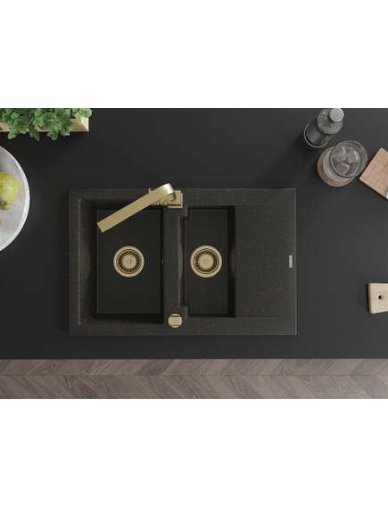 Mexen Gaspar zlewozmywak granitowy 1,5-komorowy z ociekaczem i baterią kuchenną Rita, czarny/złoty  - 6507-75-670300-50, 4 image