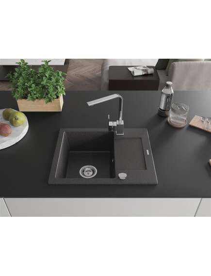 Mexen Enzo zlewozmywak granitowy 1-komorowy z ociekaczem i baterią kuchenną Rita, czarny nakrapiany - 6506-76-670300-00, 3 image