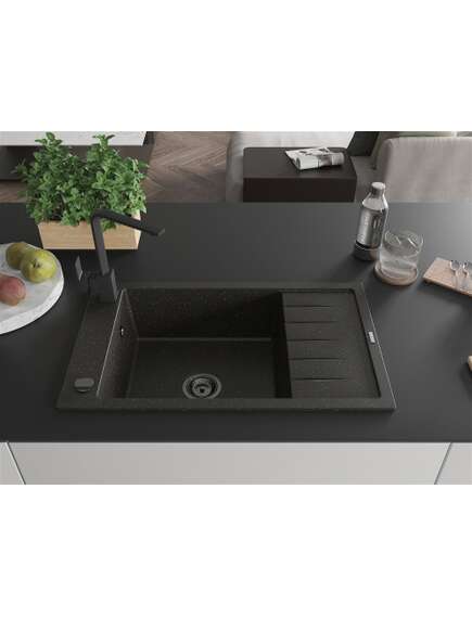 Mexen Elias zlewozmywak granitowy 1-komorowy z ociekaczem i baterią kuchenną Rita, czarny/złoty metalik - 6511-75-670300-70-B, 3 image