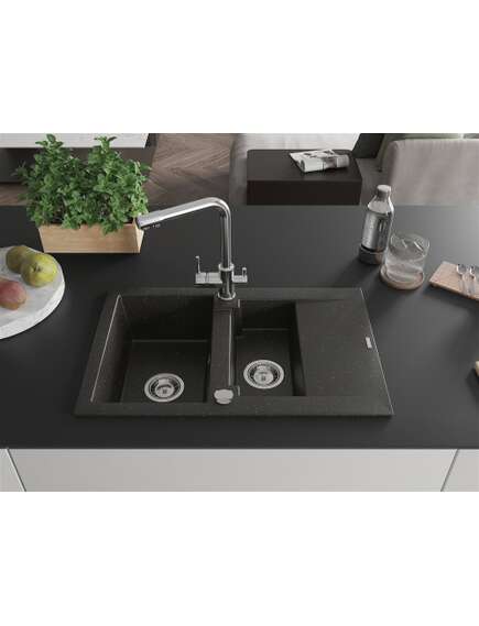 Mexen Gaspar zlewozmywak granitowy 1,5-komorowy z ociekaczem i baterią kuchenną Duero, czarny/złoty metalik - 6507-75-671600-00, 3 image