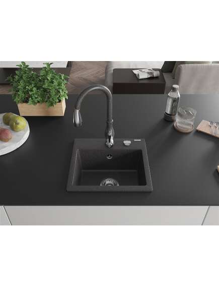 Mexen Milo zlewozmywak granitowy 1-komorowy z baterią kuchenną Savita, czarny nakrapiany - 6505-76-672601-76, 3 image