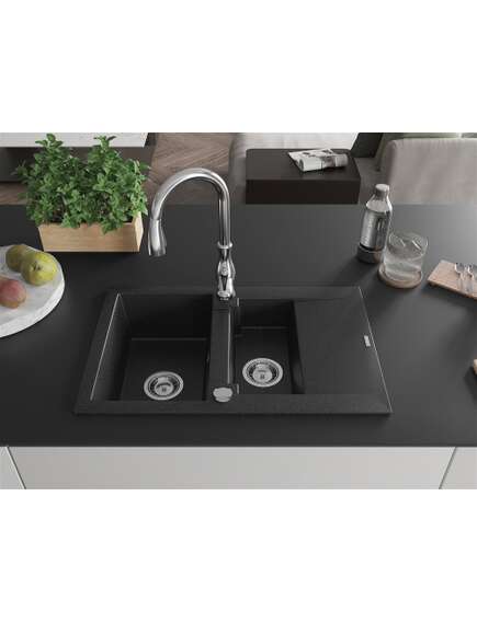 Mexen Gaspar zlewozmywak granitowy 1,5-komorowy z ociekaczem i baterią kuchenną Savita, czarny/srebrny - 6507-73-672601-00, 3 image