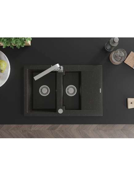 Mexen Gaspar zlewozmywak granitowy 1,5-komorowy z ociekaczem i baterią kuchenną Rita, czarny/złoty  - 6507-75-670300-00, 4 image