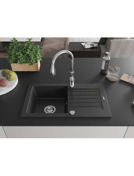 Mexen Pablo zlewozmywak granitowy 1-komorowy z ociekaczem i baterią kuchenną Savita, czarny/srebrny metalik - 6510-73-672601-00, 3 image