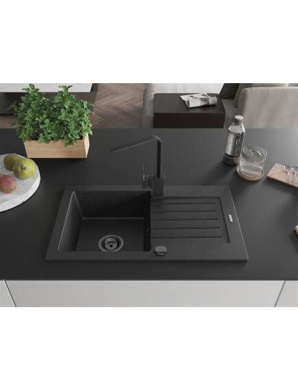 Mexen Pablo zlewozmywak granitowy 1-komorowy z ociekaczem i baterią kuchenną Rita, czarny/srebrny metalik- 6510-73-670300-70-B, 3 image