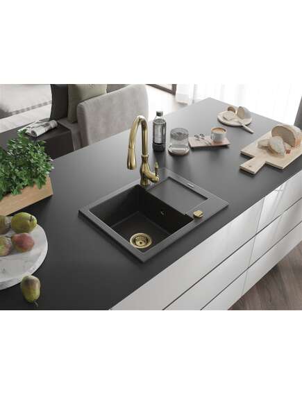Mexen Enzo zlewozmywak granitowy 1-komorowy z ociekaczem i baterią kuchenną Savita, czarny nakrapiany - 6506-76-672601-50, 2 image