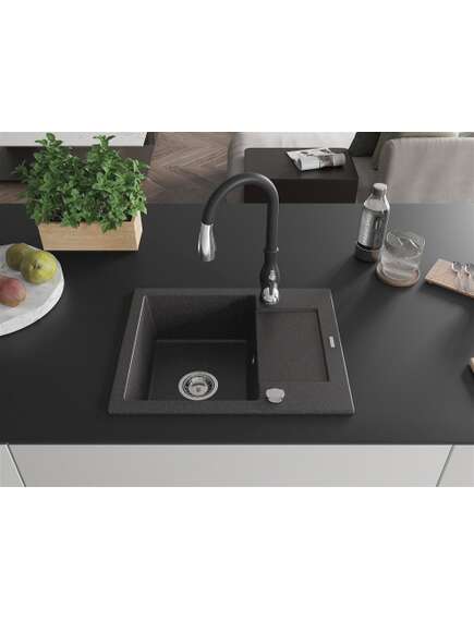 Mexen Enzo zlewozmywak granitowy 1-komorowy z ociekaczem i baterią kuchenną Savita, czarny nakrapiany - 6506-76-672601-70, 3 image
