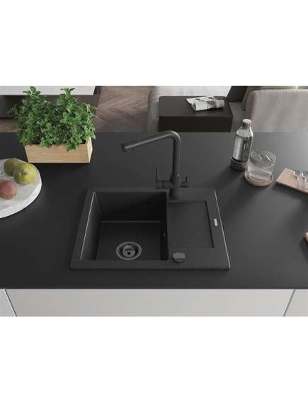 Mexen Enzo zlewozmywak granitowy 1-komorowy z ociekaczem i baterią kuchenną Duero, czarny/srebrny metalik - 6506-73-671600-70-B, 3 image