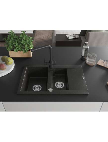 Mexen Gaspar zlewozmywak granitowy 1,5-komorowy z ociekaczem i baterią kuchenną Duero, czarny/złoty - 6507-75-671600-70, 3 image
