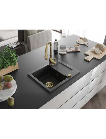 Mexen Enzo zlewozmywak granitowy 1-komorowy z ociekaczem i baterią kuchenną Savita, czarny - 6506-77-672601-50, 2 image
