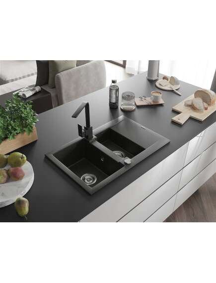 Mexen Gaspar zlewozmywak granitowy 1,5-komorowy z ociekaczem i baterią kuchenną Rita, czarny/złoty  - 6507-75-670300-70, 2 image