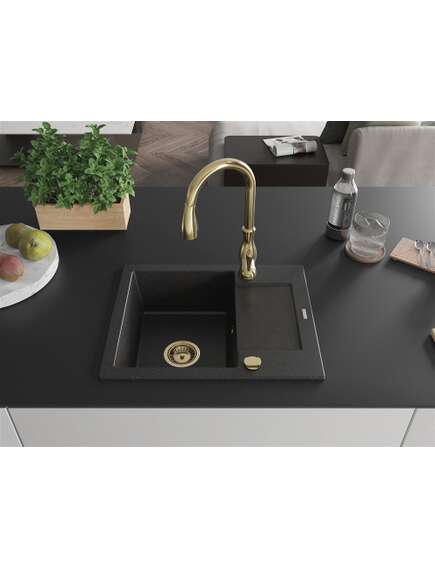 Mexen Enzo zlewozmywak granitowy 1-komorowy z ociekaczem i baterią kuchenną Savita, czarny/srebrny metalik - 6506-73-672601-50, 3 image