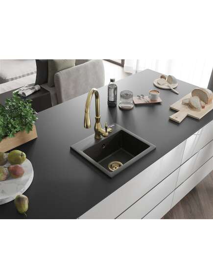 Mexen Milo zlewozmywak granitowy 1-komorowy z baterią kuchenną Savita, czarny/złoty metalik- 6505-75-672601-50, 2 image